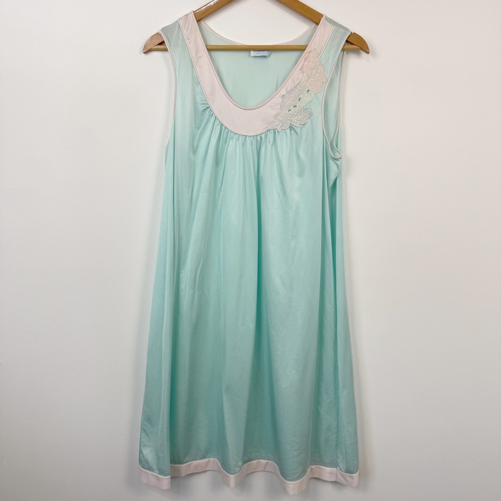 Vintage Lorraine Nightgown Womens‎ Medium Mint Green Pink Floral Lace Nylon